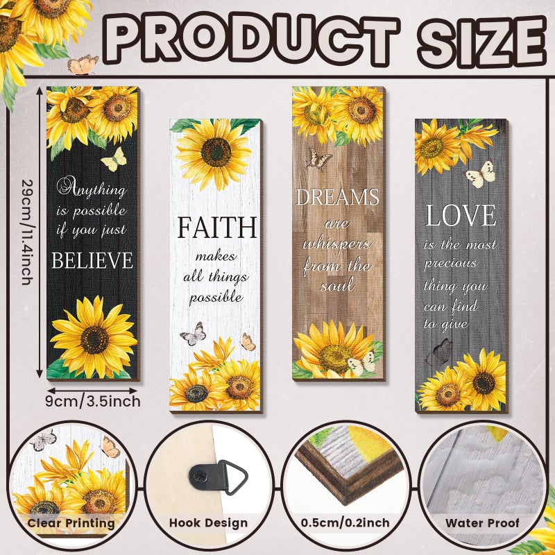 Qunclay 4 Pcs Sunflower Wall Decor Inspirational Sunflower Kitchen Decor and Accessories Wooden Rustic Farmhouse Yellow Flowers Wall Art Decoration for Home Bathroom Office Living Room(Multicolor) - Image 2