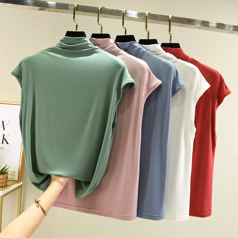 Modal Sleeveless T-shirt Spring and Autumn Interior Western Style Slimming Semi-high Collar Base Shirt Thin All-match Solid Color Top - Image 3