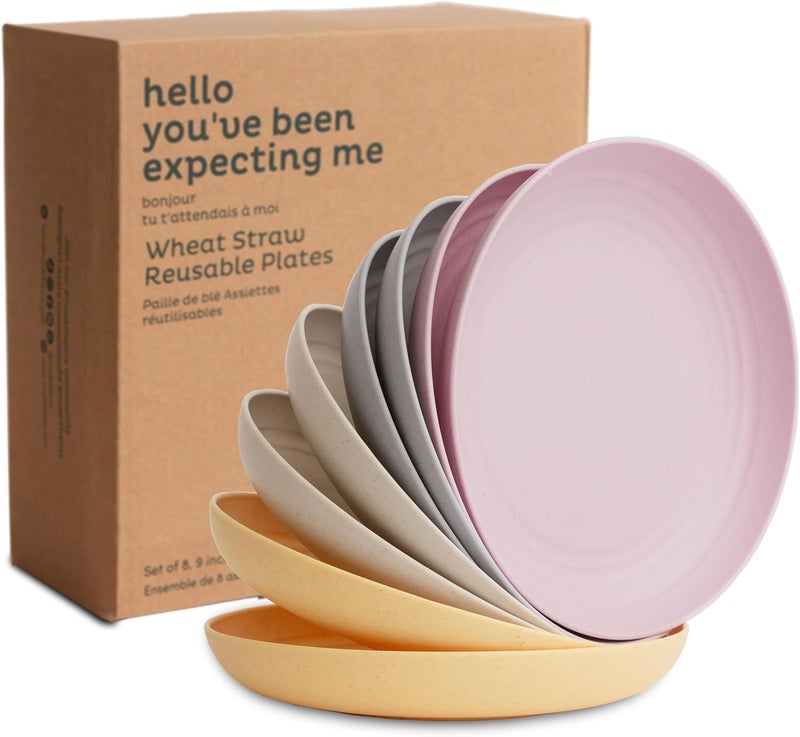 Nook Theory Reusable Wheat Straw Plates 8 Pcs  Non Toxic Kids and Toddler Plate Microwavable Dishwasher Safe and Unbreakable Dinnerware Pastel 9 - Image 1