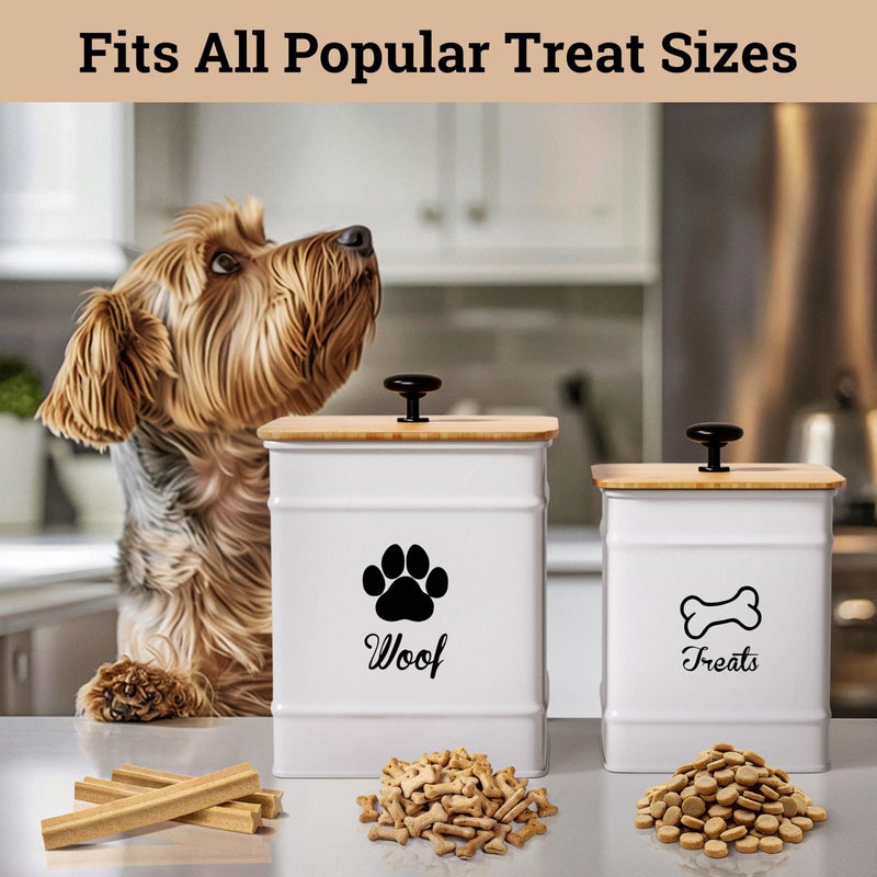 HB Design Co. Dog Treat Container Airtight Set of 2 - 8x6 & 7x5 inch Iron Dog Treat Jars for Kitchen Counter with Airtight Bamboo Lids - 20 Cup Capacity Pet Treat Container Set - Doggie Cookie Jar - Treats Canister - Image 3