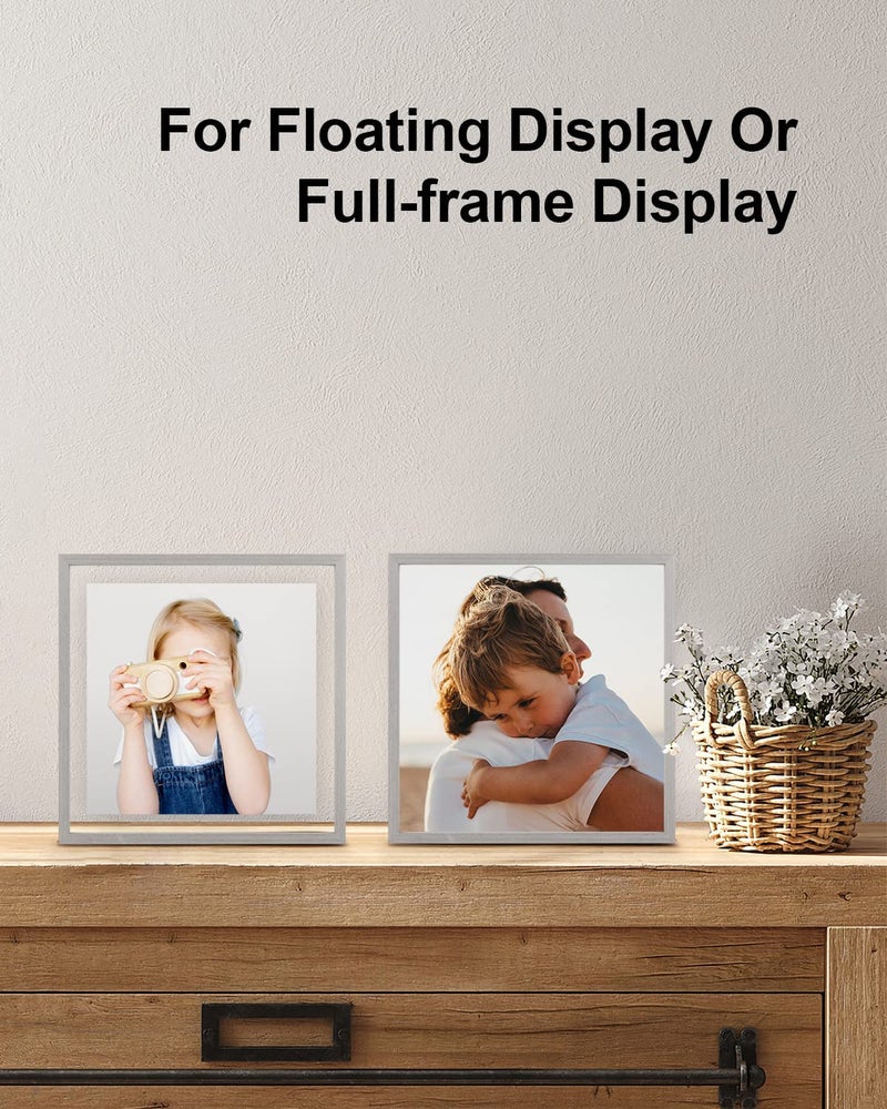 Egofine Egofine 8x8 Floating Frames Set of 2  Double Glass Picture Frame  Made of Solid Wood Display Any Size Photo up to 8x8  Wall Mount or Tabletop Standing  Light Grey  - Image 4