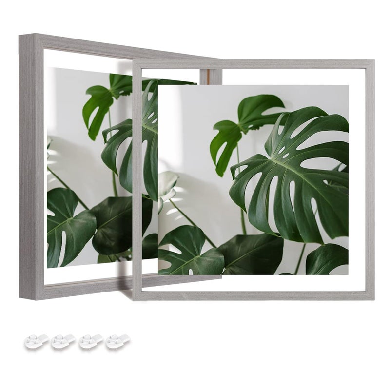 Egofine Egofine 8x8 Floating Frames Set of 2  Double Glass Picture Frame  Made of Solid Wood Display Any Size Photo up to 8x8  Wall Mount or Tabletop Standing  Light Grey  - Image 1