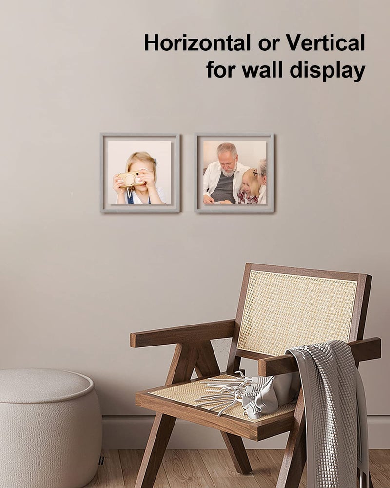 Egofine Egofine 8x8 Floating Frames Set of 2  Double Glass Picture Frame  Made of Solid Wood Display Any Size Photo up to 8x8  Wall Mount or Tabletop Standing  Light Grey  - Image 5