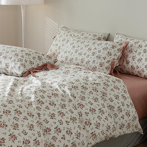 mixinni Vintage Style Girls Pale Pink Flower Pattern Duvet Cover Twin Soft Aesthetic Floral Cotton Bedding Set 1 Duvet Cover with 2 Bow Tie Pillowcases for Women-Twin Size - Image 5