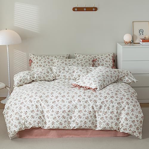 mixinni Vintage Style Girls Pale Pink Flower Pattern Duvet Cover Twin Soft Aesthetic Floral Cotton Bedding Set 1 Duvet Cover with 2 Bow Tie Pillowcases for Women-Twin Size - Image 2