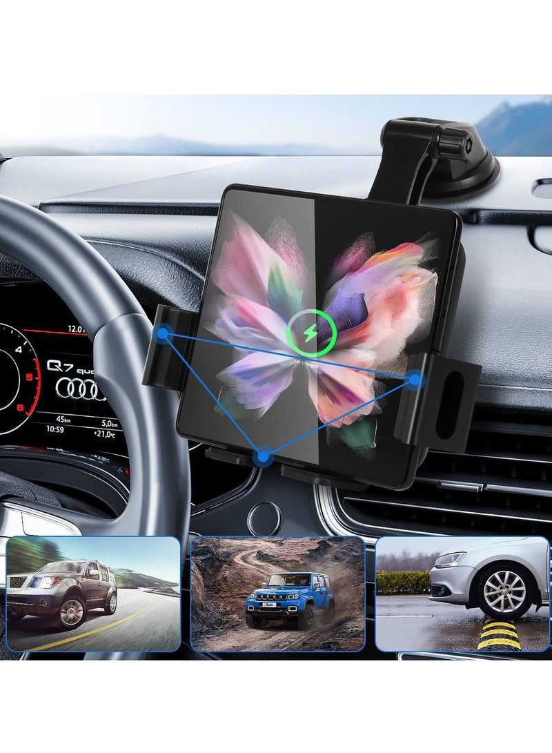 Excefore Car Charger Mount Holder Galaxy Z Fold5 Fold4 Z Fold 3 Fold S22 Ultra 20W Two Coil Support Portrait Unfold Auto Clamping Charging Car Mount with Cooling Fan - Image 3