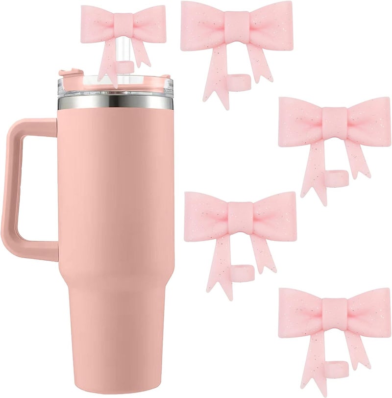 Hpebl 4Pcs Silicone Straw Toppers Covers for Stanley Cups 40/30oz 10mm(0.4in) Shiny Pink Dust-Proof Bow Straw Covers Toppers Suitbale for Stanley Cup Accessories Reusable Straws Caps - Image 1