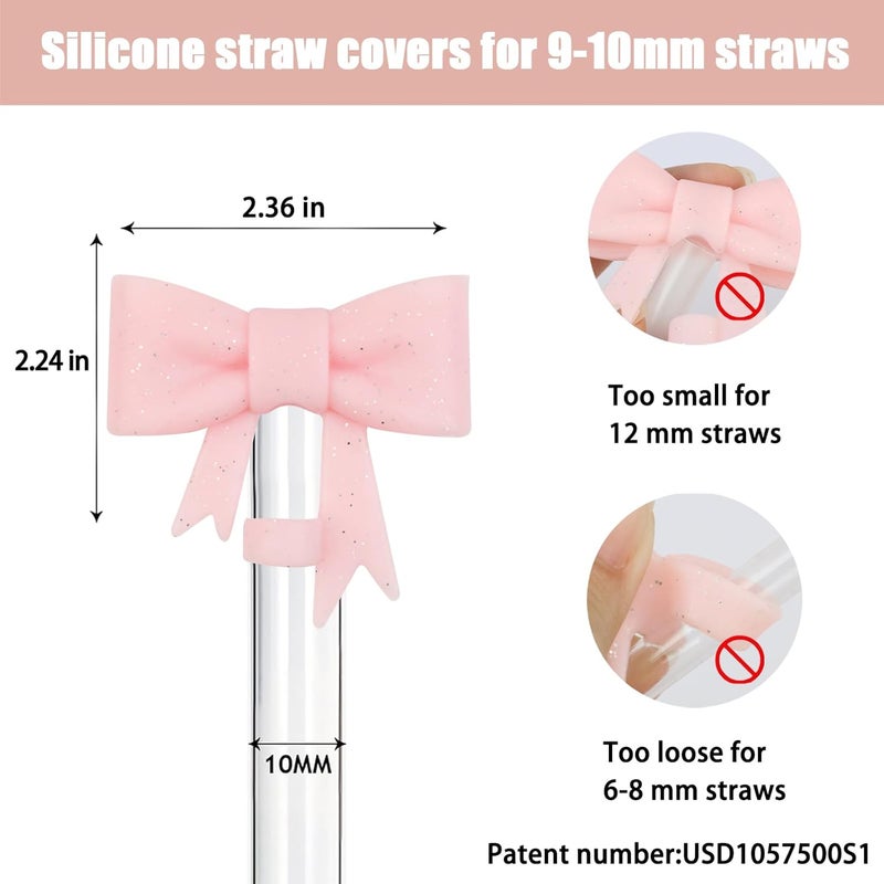 Hpebl 4Pcs Silicone Straw Toppers Covers for Stanley Cups 40/30oz 10mm(0.4in) Shiny Pink Dust-Proof Bow Straw Covers Toppers Suitbale for Stanley Cup Accessories Reusable Straws Caps - Image 2