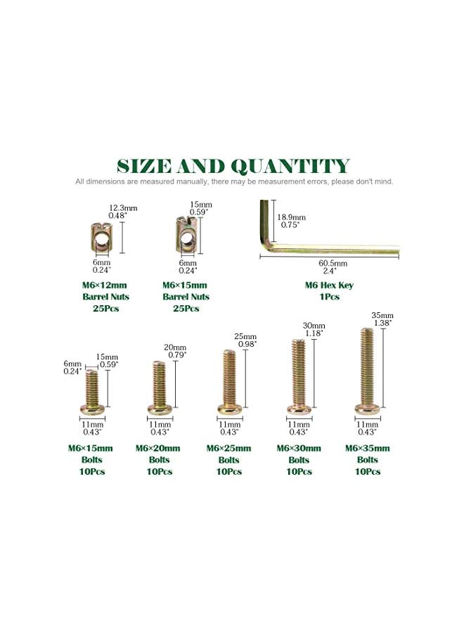 Keadic 100Pcs M6 Bolts Nuts Assortment Kit, Zinc Plated Hex Socket Head Cap Screws Bolts with M Barrel Nuts for Furniture Cots Beds Crib, 1 Hex Key for Free - 15/20/25/30/35mm - Image 2