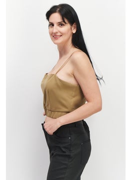 4th & Reckless Women Square Neck Sleeveless Plain Crop Top, Khaki  - Image 2