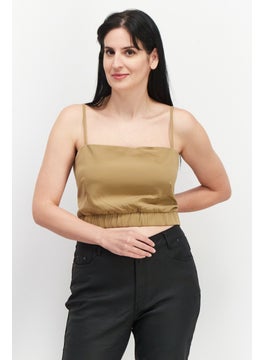 4th & Reckless Women Square Neck Sleeveless Plain Crop Top, Khaki  - Image 1