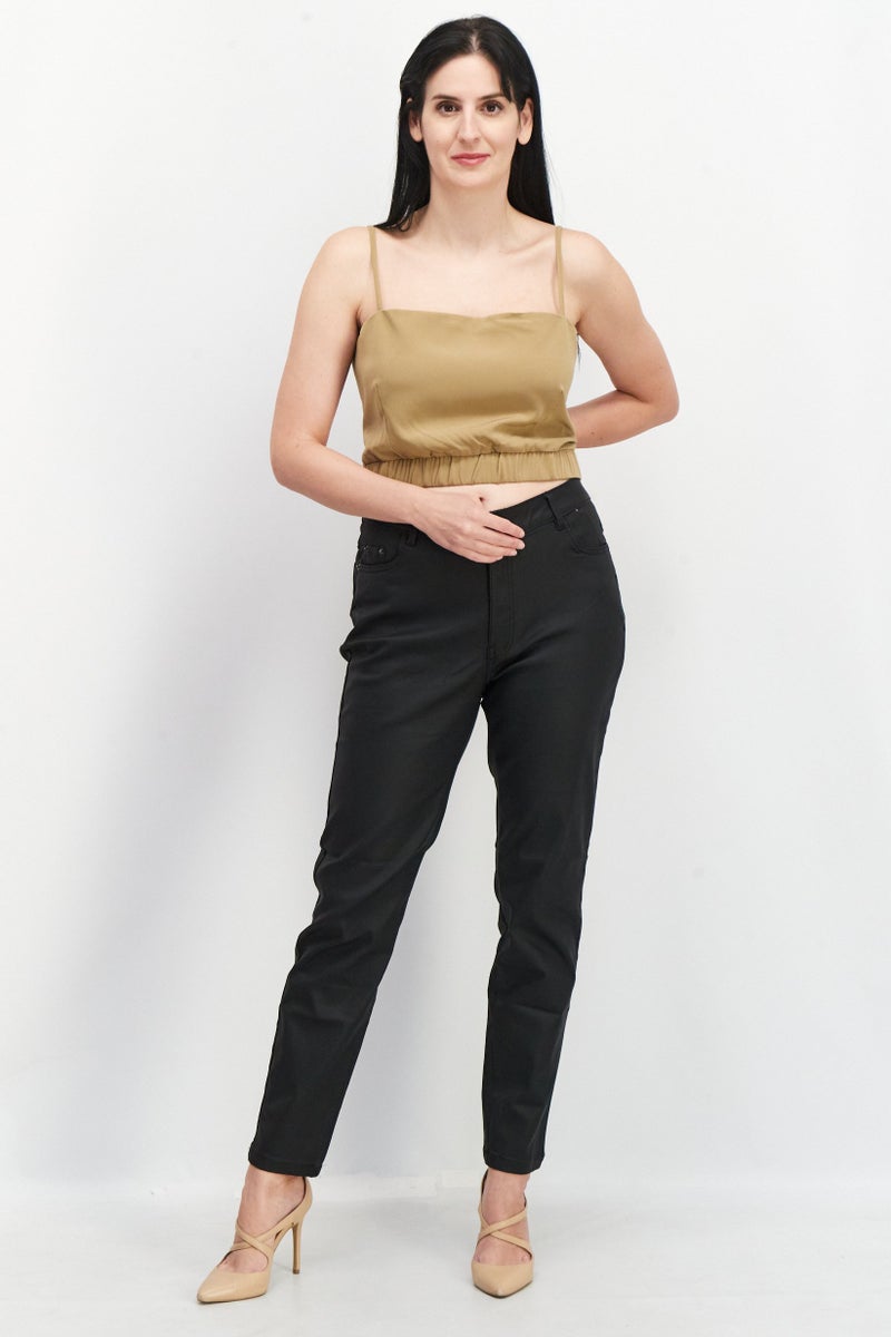 4th & Reckless Women Square Neck Sleeveless Plain Crop Top, Khaki - Image 3
