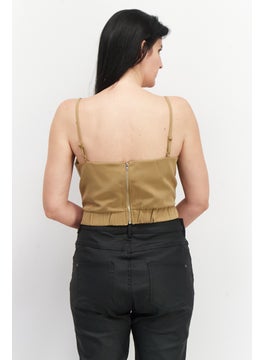 4th & Reckless Women Square Neck Sleeveless Plain Crop Top, Khaki  - Image 4