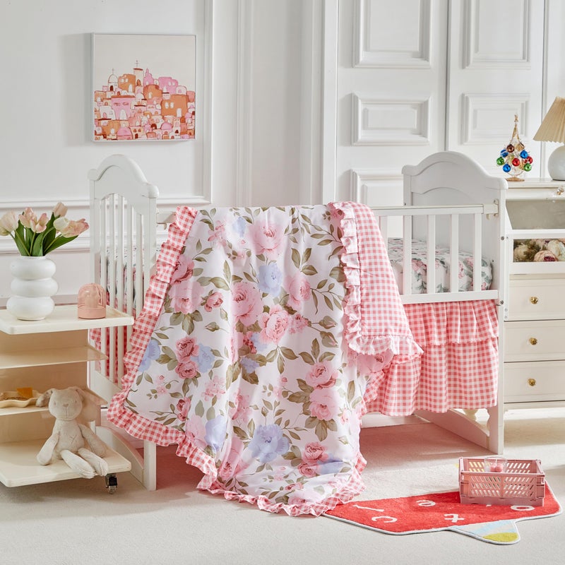 Uozzi Bedding 3 Pieces Pink Rose Flowers Crib Bedding Set Baby Ruffled Quilted Comforter with Fitted Sheet and Bed Skirt - Cute Ruffled Shabby Chic Baby Girls Bedding Soft Blanket Floral Design - Image 2