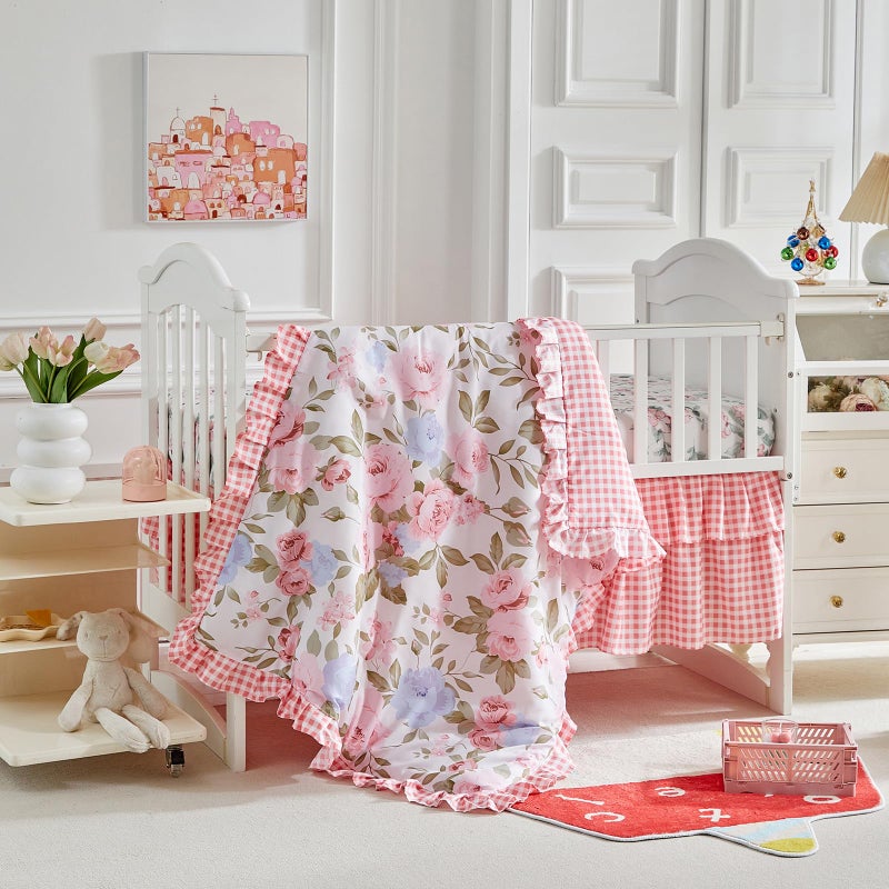 Uozzi Bedding 3 Pieces Pink Rose Flowers Crib Bedding Set Baby Ruffled Quilted Comforter with Fitted Sheet and Bed Skirt - Cute Ruffled Shabby Chic Baby Girls Bedding Soft Blanket Floral Design - Image 5