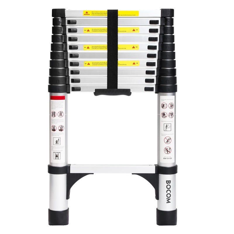 BOCOM 105 FT Aluminum Telescoping Ladder Lightweight MultiPurpose Collapsible Extension with 2 Triangle Stabilizers Heavy Duty 330 lbs Max Capacity Ideal for Home RV and Outdoor Work Silver