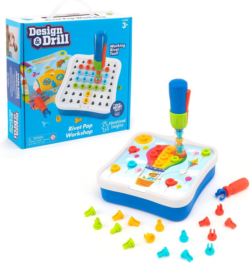 Educational Insights Design & Drill Riveting Workshop - 54 Pieces with Electric Toy Drill, STEM Toy for Ages 3+ - Image 1