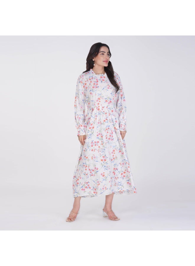 Linelle White based Floral Maxi Dress – High Neck with Elastic Cuff. - Image 4
