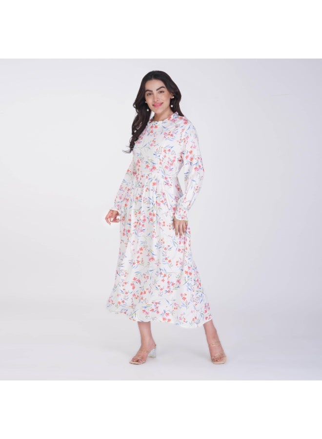 Linelle White based Floral Maxi Dress – High Neck with Elastic Cuff. - Image 5