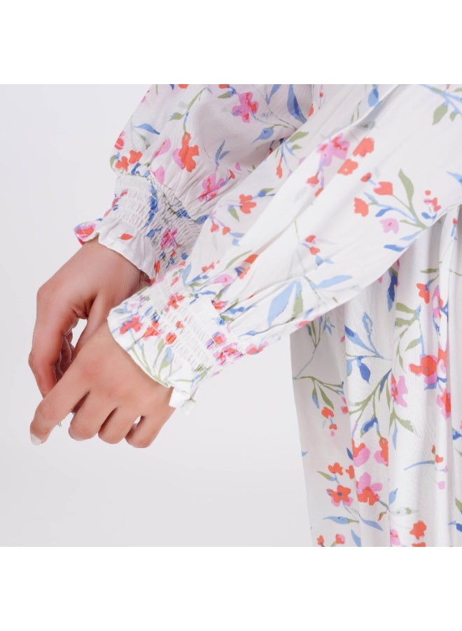 Linelle White based Floral Maxi Dress – High Neck with Elastic Cuff. - Image 2