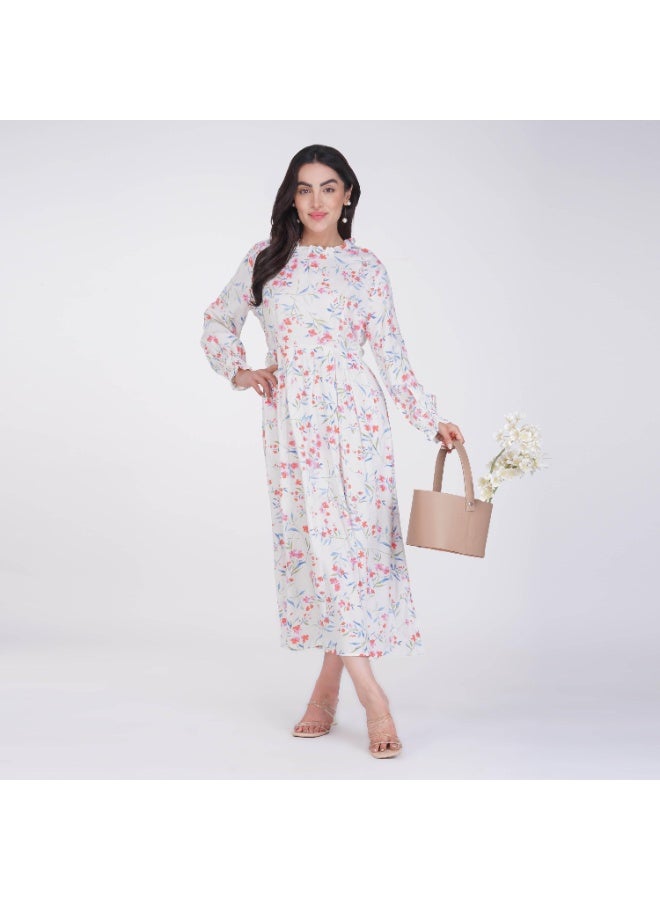 Linelle White based Floral Maxi Dress – High Neck with Elastic Cuff. - Image 1