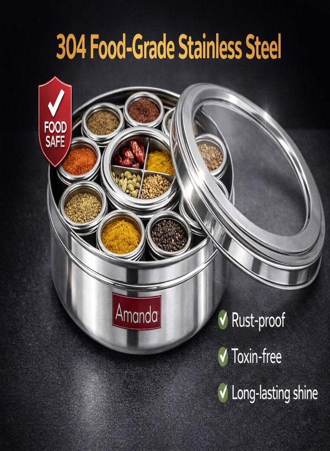 Amanda Stainless Steel 12-in-1 Masala Box/Dabba/Organiser | Spice Box with 12 See-Through Containers | Airtight Lid | Food-Grade Steel Masala Box for Kitchen | Spice Organizer for Indian Masalas - Image 4