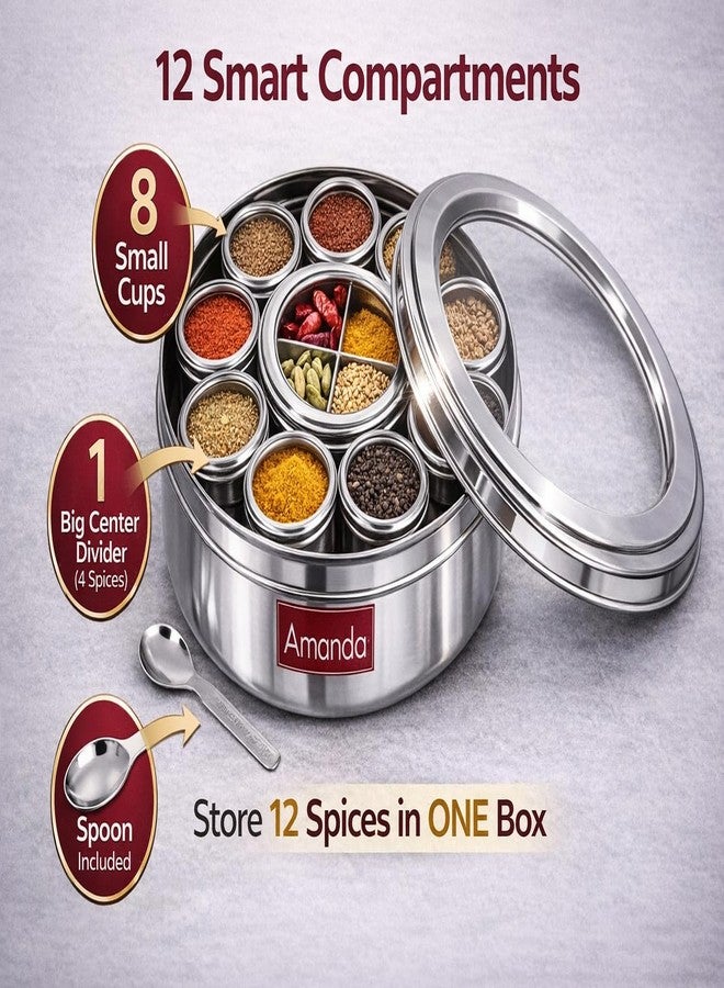 Amanda Stainless Steel 12-in-1 Masala Box/Dabba/Organiser | Spice Box with 12 See-Through Containers | Airtight Lid | Food-Grade Steel Masala Box for Kitchen | Spice Organizer for Indian Masalas - Image 5