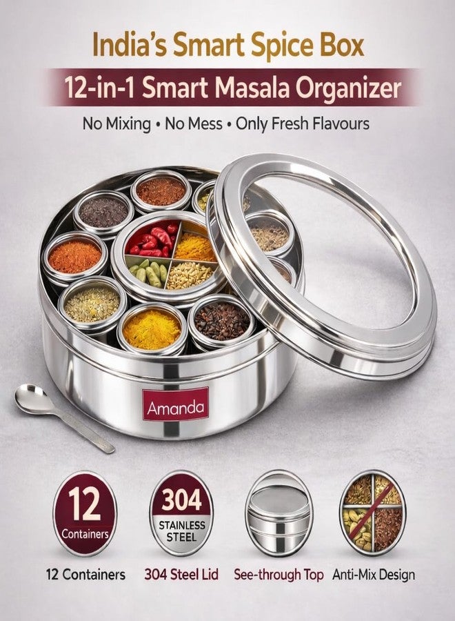 Amanda Stainless Steel 12-in-1 Masala Box/Dabba/Organiser | Spice Box with 12 See-Through Containers | Airtight Lid | Food-Grade Steel Masala Box for Kitchen | Spice Organizer for Indian Masalas - Image 2