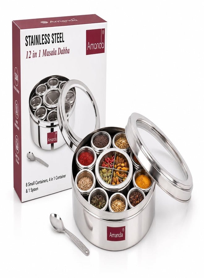 Amanda Stainless Steel 12-in-1 Masala Box/Dabba/Organiser | Spice Box with 12 See-Through Containers | Airtight Lid | Food-Grade Steel Masala Box for Kitchen | Spice Organizer for Indian Masalas - Image 1
