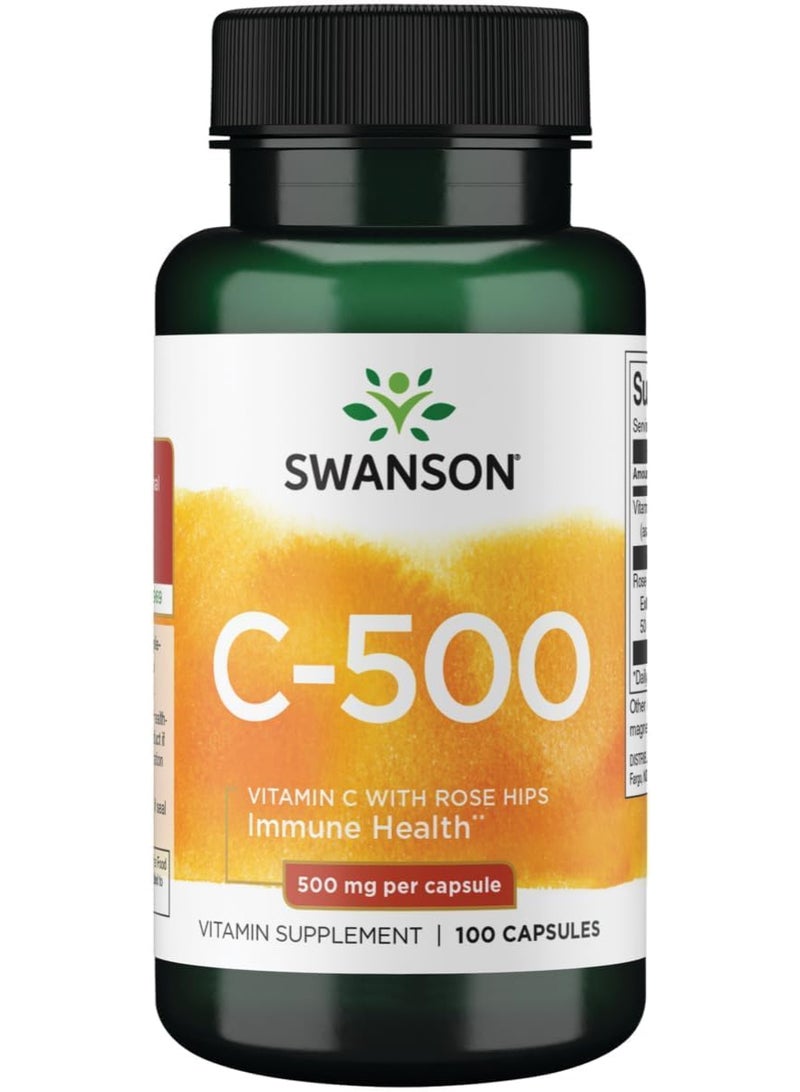 Swanson C-500 Vitamin C with Rose Hips Supplement, 500mg, 100 Vegan Capsules - Image 1
