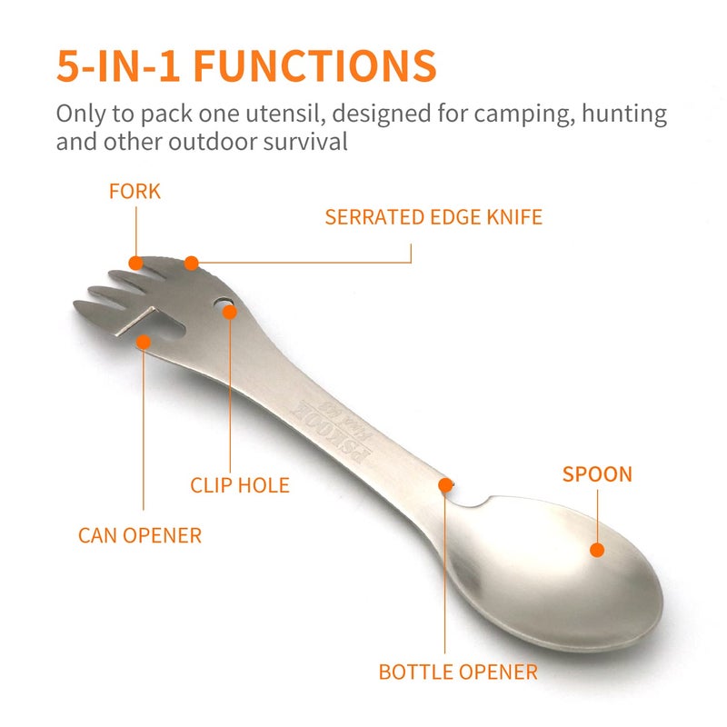 PSKOOK 5-in-1 Utility Tactical Spork, Stainless Steel Spoon & Bottle Opener, Fork & Knife, Can Opener Combo Camping Utensil for Hiking, Camping or Backpacking (Matte Silver) - Image 2