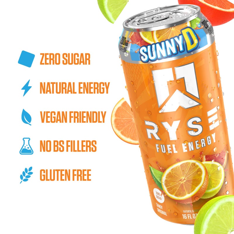 RYSE Up Supplements RYSE Fuel Energy Drink - SunnyD Tangy Original - Sugar Free, Gluten Free & Vegan - 200mg Natural Caffeine, Taurine & Choline for Focus & Energy - No Artificial Colors - 16 fl oz Cans (12-Pack) - Image 4