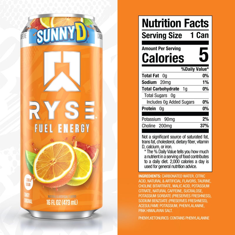 RYSE Up Supplements RYSE Fuel Energy Drink - SunnyD Tangy Original - Sugar Free, Gluten Free & Vegan - 200mg Natural Caffeine, Taurine & Choline for Focus & Energy - No Artificial Colors - 16 fl oz Cans (12-Pack) - Image 2