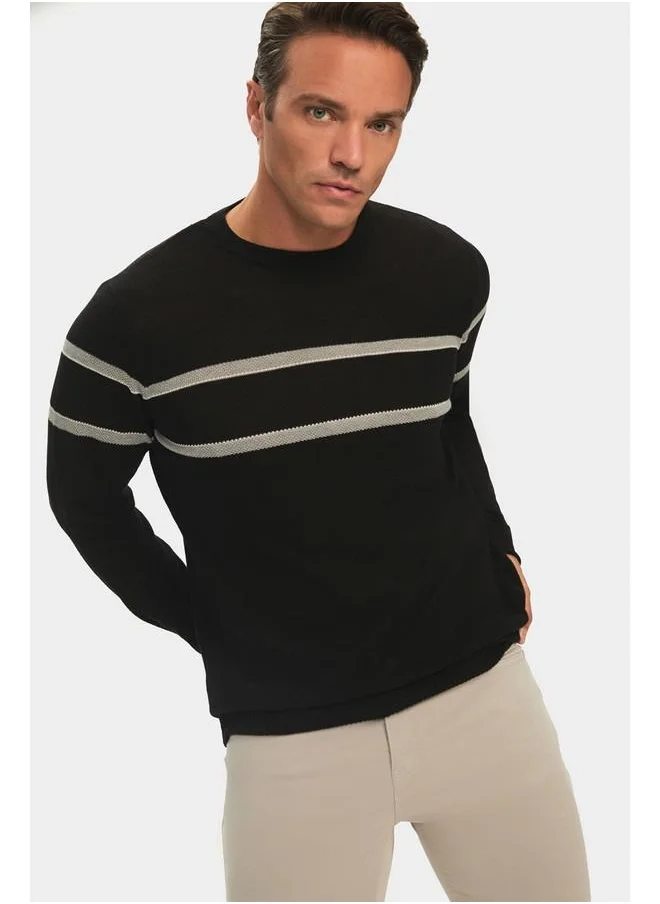 JUNE June Men Regular Fit Crew Neck Striped Knitwear Sweater Black