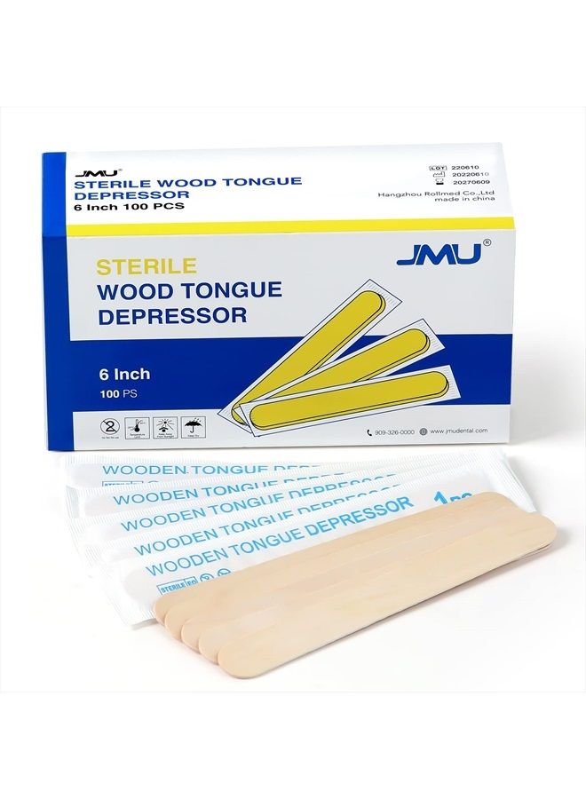 JMU مكابس اللسان المعقمة 100 قطعة، 6" مكابس لسان خشبية مغلفة بشكل فردي للاستخدام الطبي والحرف اليدوية مثل المصاصة - Image 1