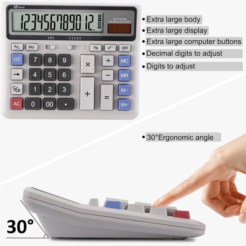 Desk Calculator 12 Digit with Big Buttons, Desktop Dual Power Calculator with Large Display for Office, School, Home - Image 5
