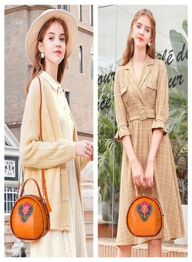 SHARPAD Genuine Leather Vintage Bag for Women - Cowhide Leather Crossbody Purse - Flower Embossed Handbag, Orange, Medium - Image 2