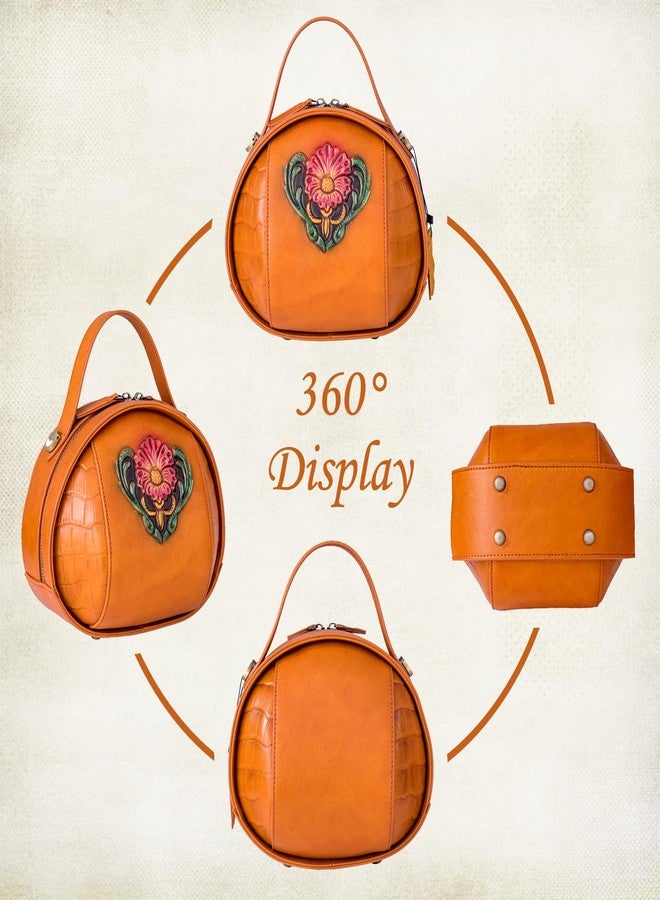 SHARPAD Genuine Leather Vintage Bag for Women - Cowhide Leather Crossbody Purse - Flower Embossed Handbag, Orange, Medium - Image 4