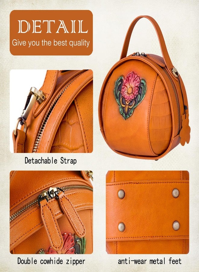 SHARPAD Genuine Leather Vintage Bag for Women - Cowhide Leather Crossbody Purse - Flower Embossed Handbag, Orange, Medium - Image 5
