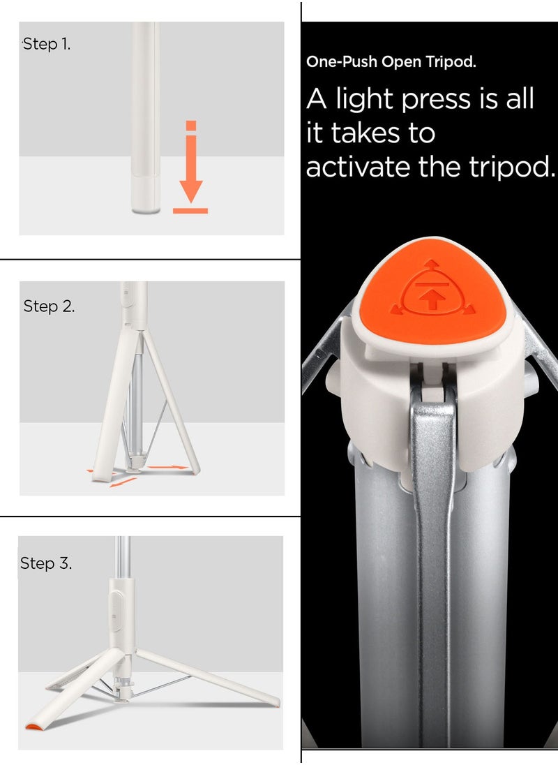 Spigen - Automatic Universal Selfie Stick Tripod 57" [Auto-Open] Phone Stand with Rechargeable Remote 360° Vertical & Horizontal Rotatable Stable Travel for iPhone Android and More - Dune Beige - Image 1