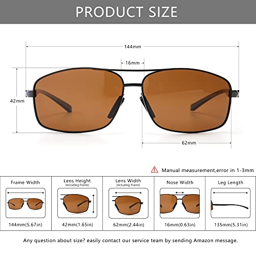 SUNGAIT Ultra Lightweight Rectangular Polarized Sunglasses Men UV400 Protection (Black Frame Brown Lens, 62) Metal Frame SGT458 HEKC - Image 5