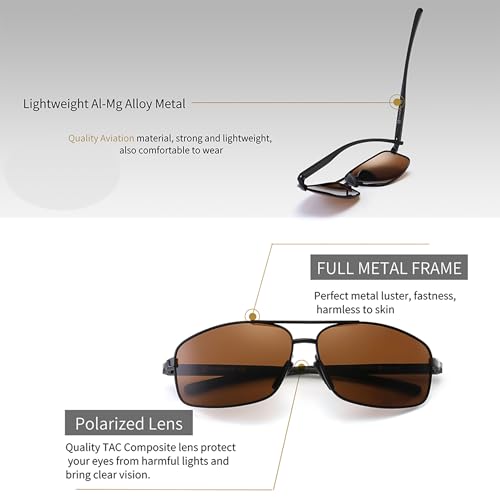 SUNGAIT Ultra Lightweight Rectangular Polarized Sunglasses Men UV400 Protection (Black Frame Brown Lens, 62) Metal Frame SGT458 HEKC - Image 3