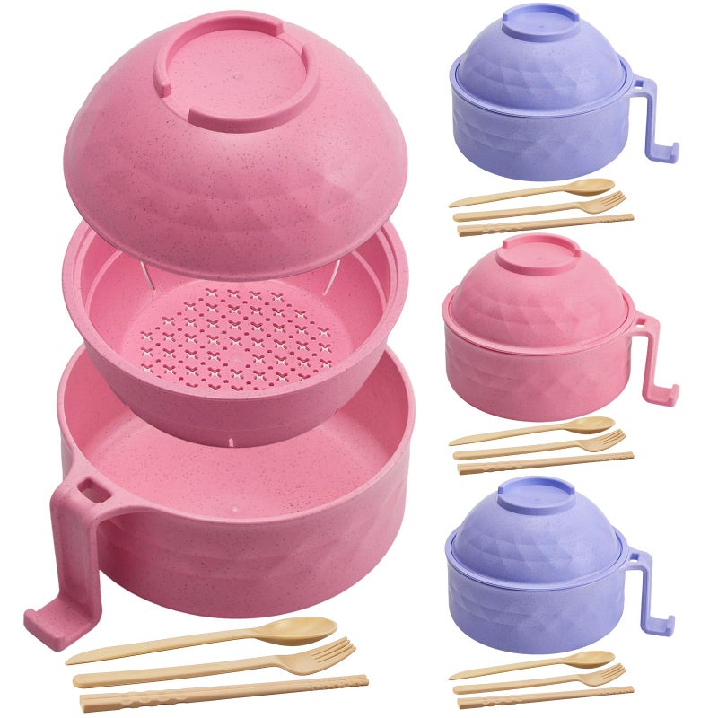 روموا مجموعة روموا المكونة من 4 قطع لطهي النودلز سريعة التحضير في الميكروويف، وعاء نودلز سعة 33 أونصة مع غطاء ومقبض، وعاء نودلز للميكروويف مع شوك وملاعق وعيدان طعام للمطبخ المنزلي (وردي، أزرق) - Image 1