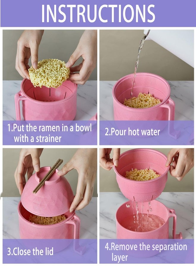 روموا مجموعة روموا المكونة من 4 قطع لطهي النودلز سريعة التحضير في الميكروويف، وعاء نودلز سعة 33 أونصة مع غطاء ومقبض، وعاء نودلز للميكروويف مع شوك وملاعق وعيدان طعام للمطبخ المنزلي (وردي، أزرق) - Image 3