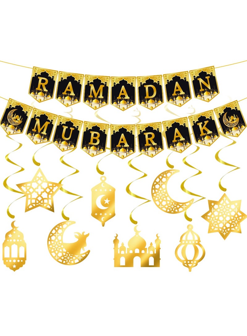 Balloon World Eid Decorations for Home,Ramadan Mubarak Banner Shining Gold Star Moon Lantern Streamer Ramadan Hanging Wall Decorations for Islam Festival Party Supplies（1 Ramadan Mubarak banner and 8 star moon garland） - Image 1