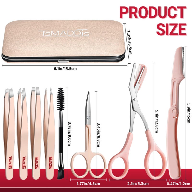 TsMADDTs Tweezers for Women Facial Hair, 8 in 1 Eyebrow Kit with Tweezers, Eyebrow Trimmer Scissors, Razor, Brush with Travel Bag, Hair Plucking Daily Beauty Tools - Image 2