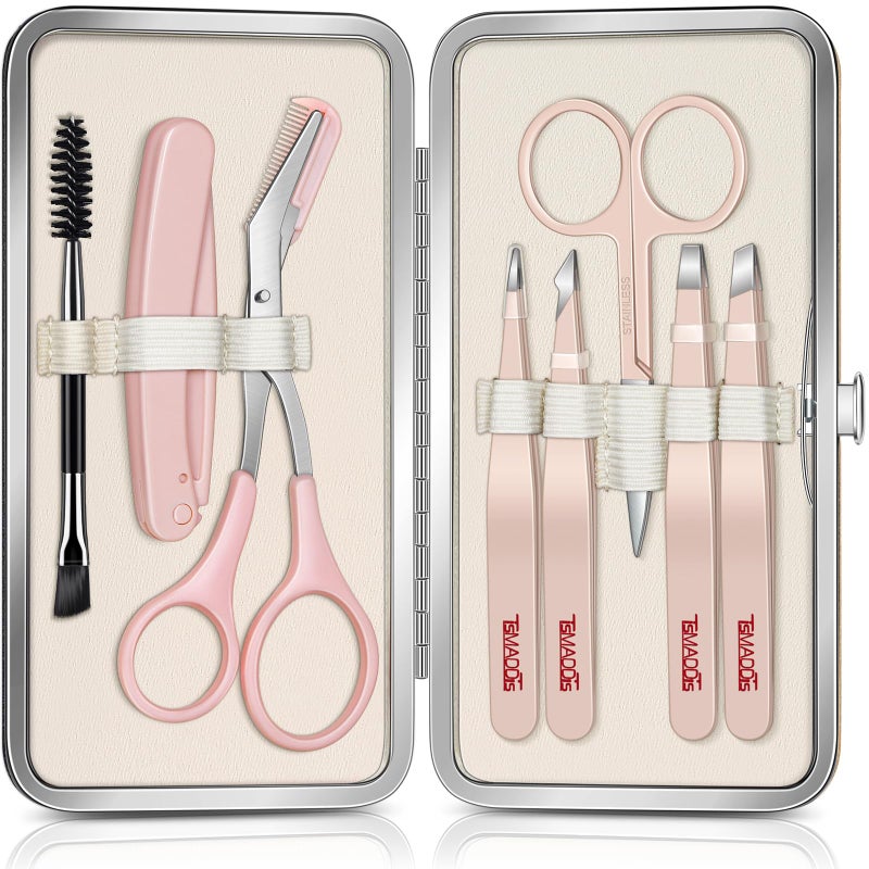 TsMADDTs Tweezers for Women Facial Hair, 8 in 1 Eyebrow Kit with Tweezers, Eyebrow Trimmer Scissors, Razor, Brush with Travel Bag, Hair Plucking Daily Beauty Tools - Image 1
