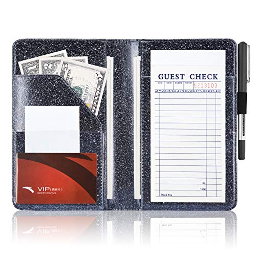 ACdream Server Books for Waitress, Guest Book Note Pad, Cute Pocket Leather Money Organizer Wallet, Cash Check Bill Receipt Holder Presenter, Waiter Accessories Fit Server Apron, Glitter Black - Image 2