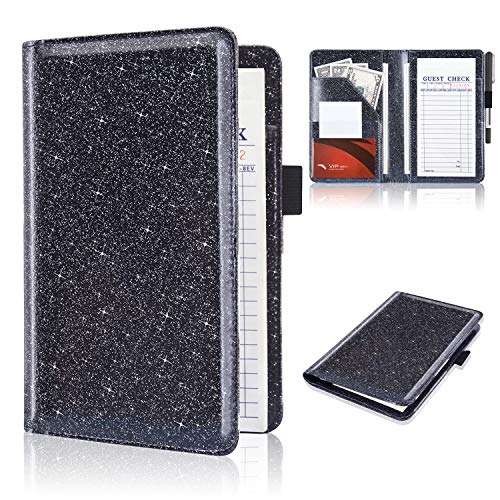 ACdream Server Books for Waitress, Guest Book Note Pad, Cute Pocket Leather Money Organizer Wallet, Cash Check Bill Receipt Holder Presenter, Waiter Accessories Fit Server Apron, Glitter Black - Image 1