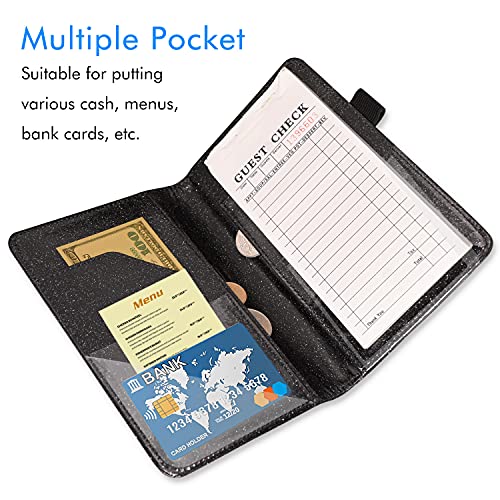 ACdream Server Books for Waitress, Guest Book Note Pad, Cute Pocket Leather Money Organizer Wallet, Cash Check Bill Receipt Holder Presenter, Waiter Accessories Fit Server Apron, Glitter Black - Image 3